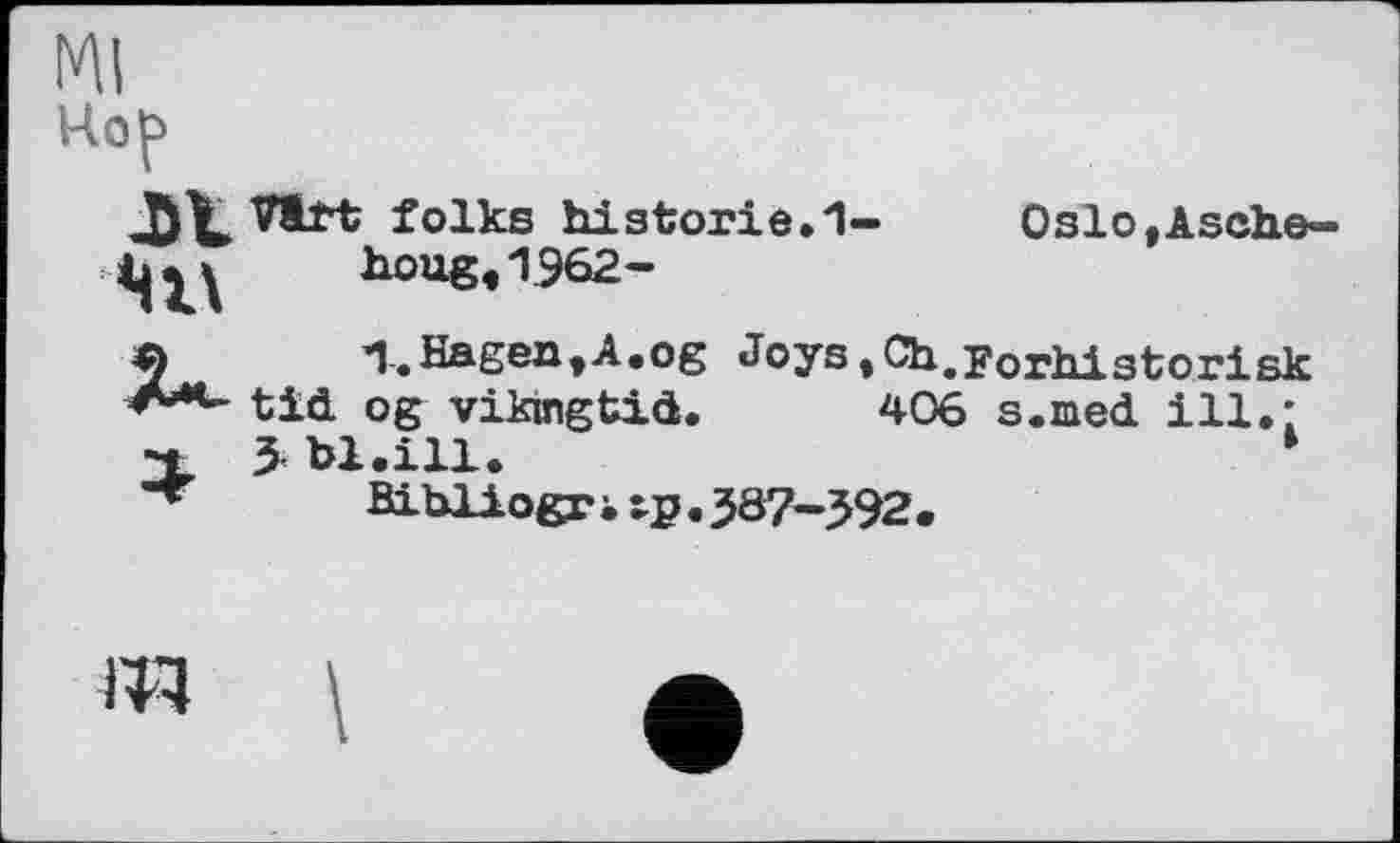 ﻿Ml Hop
VSrt folks historié.1-houg,1962-
Oslo,Asche-
A	Hagen,A.og Joys,Ch.Forhistorisk
tid og vikmgtid. 406 s.med ill.;
X Ъ bl.ill.	‘
Bibliogr іtp.367-^92.
m